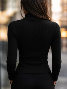 SHEIN Kaos Wanita Lengan Panjang Kasual Bergaris dengan Resleting Setengah - Hitam - View 2