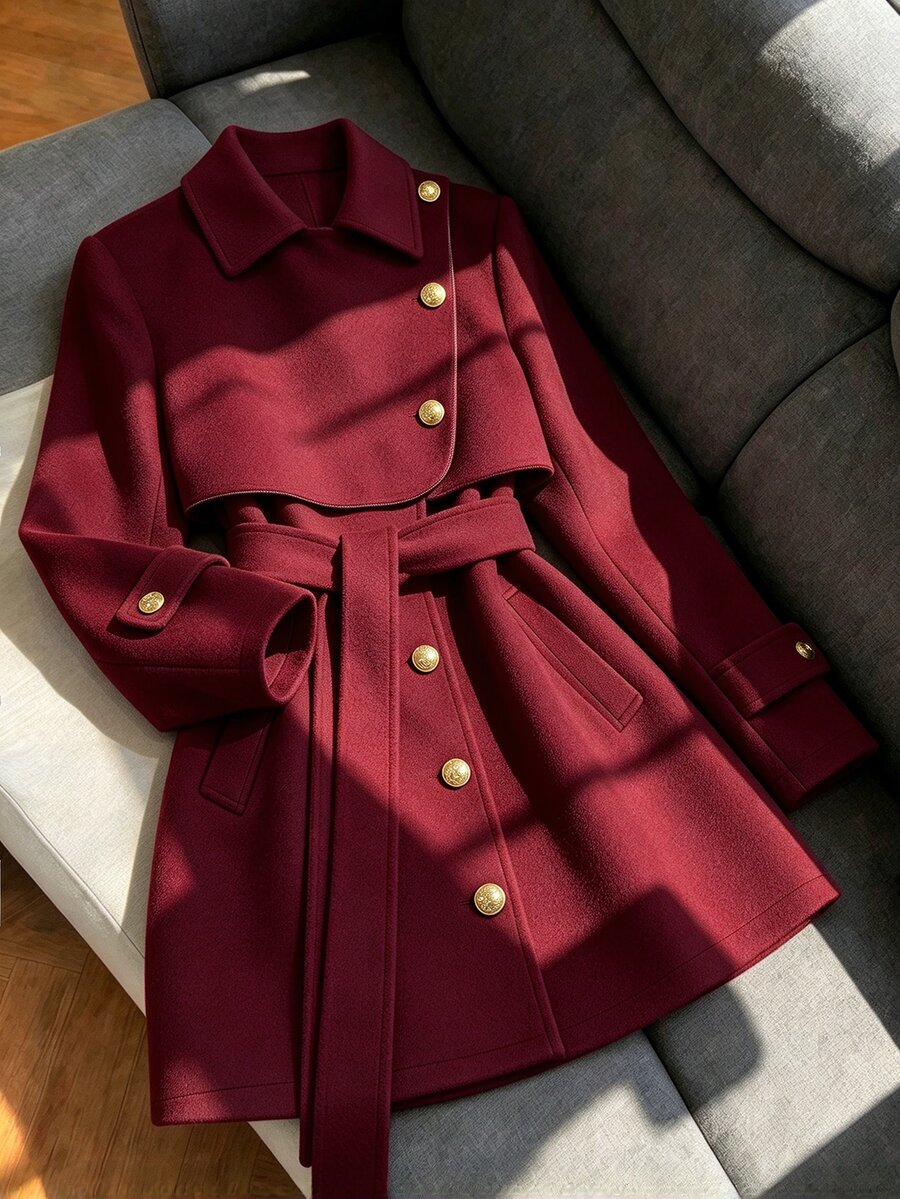 GlowEve 女款冬季時尚鈕扣長袖夾克,適合日常穿著的多功能外套 - 酒紅色 - 查看 1