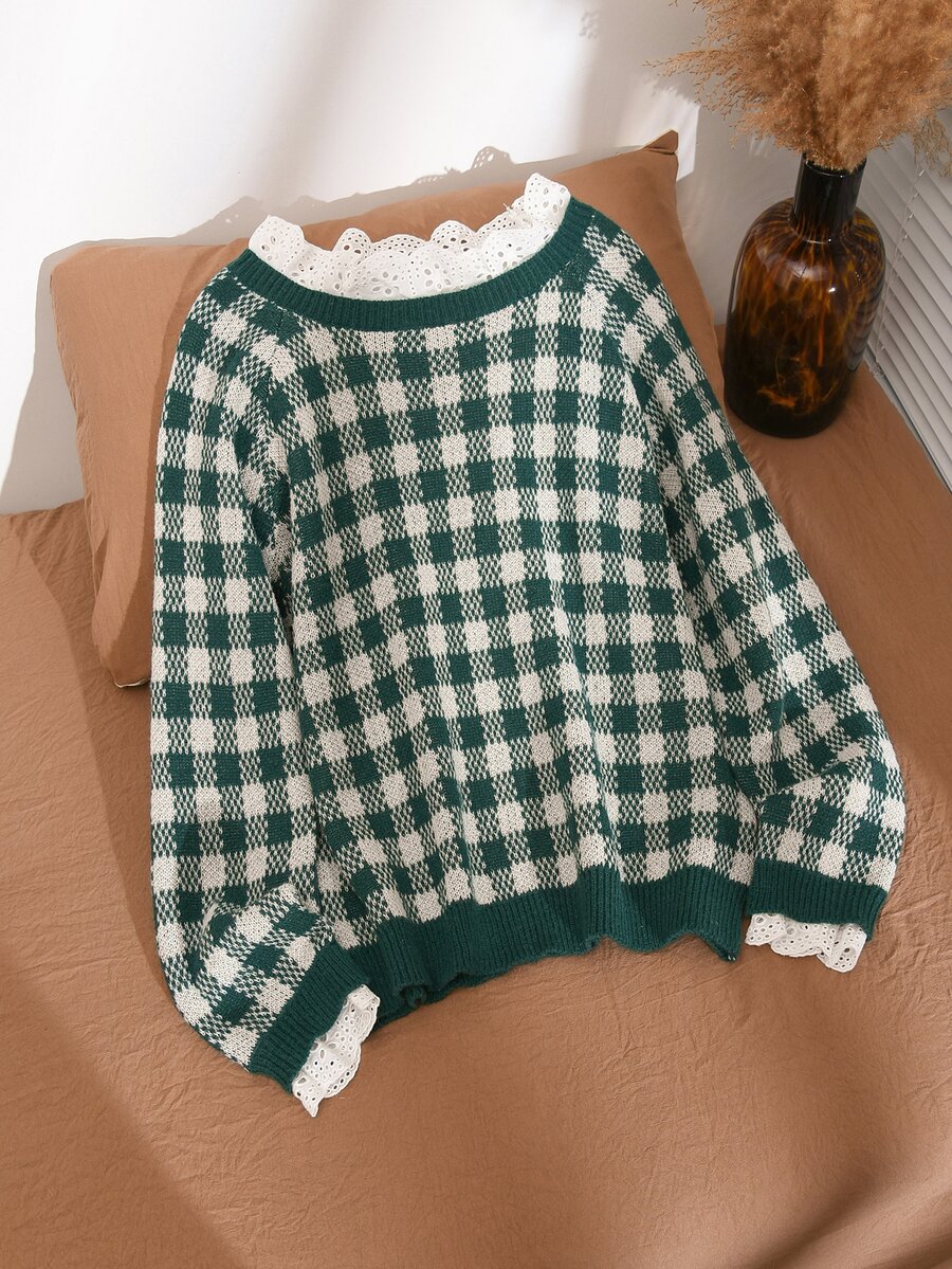 CosyJoli Plus Size Women's Patchwork Hollow Embroidery Stand Collar Houndstooth Raglan Long Sleeve Casual Pullover Sweater - Multicolor - View 1