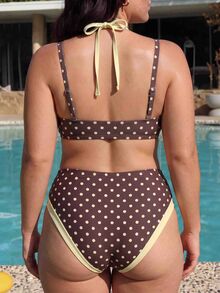 Slaydiva 2026 New Spring/Summer Plus Size 2 Pieces Brown Base Yellow Polka Dot Random Print With Yellow Patchwork 2 In 1 Adjustable Strap Women's Swimsuit Set, Suitable For Beach Vacation Wear - Multicolor - View 2