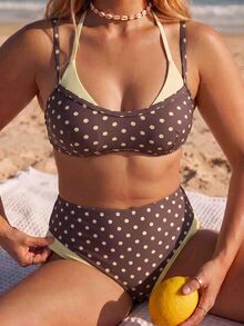 Slaydiva 2026 New Spring/Summer Plus Size 2 Pieces Brown Base Yellow Polka Dot Random Print With Yellow Patchwork 2 In 1 Adjustable Strap Women's Swimsuit Set, Suitable For Beach Vacation Wear - Multicolor - View 3
