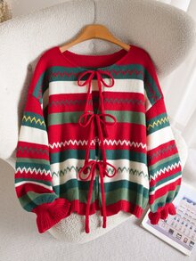 CosyJoli Plus Size Contrast Striped Pattern Flare Sleeve Drop Shoulder Tie Front Cardigan - Multicolor - View 3