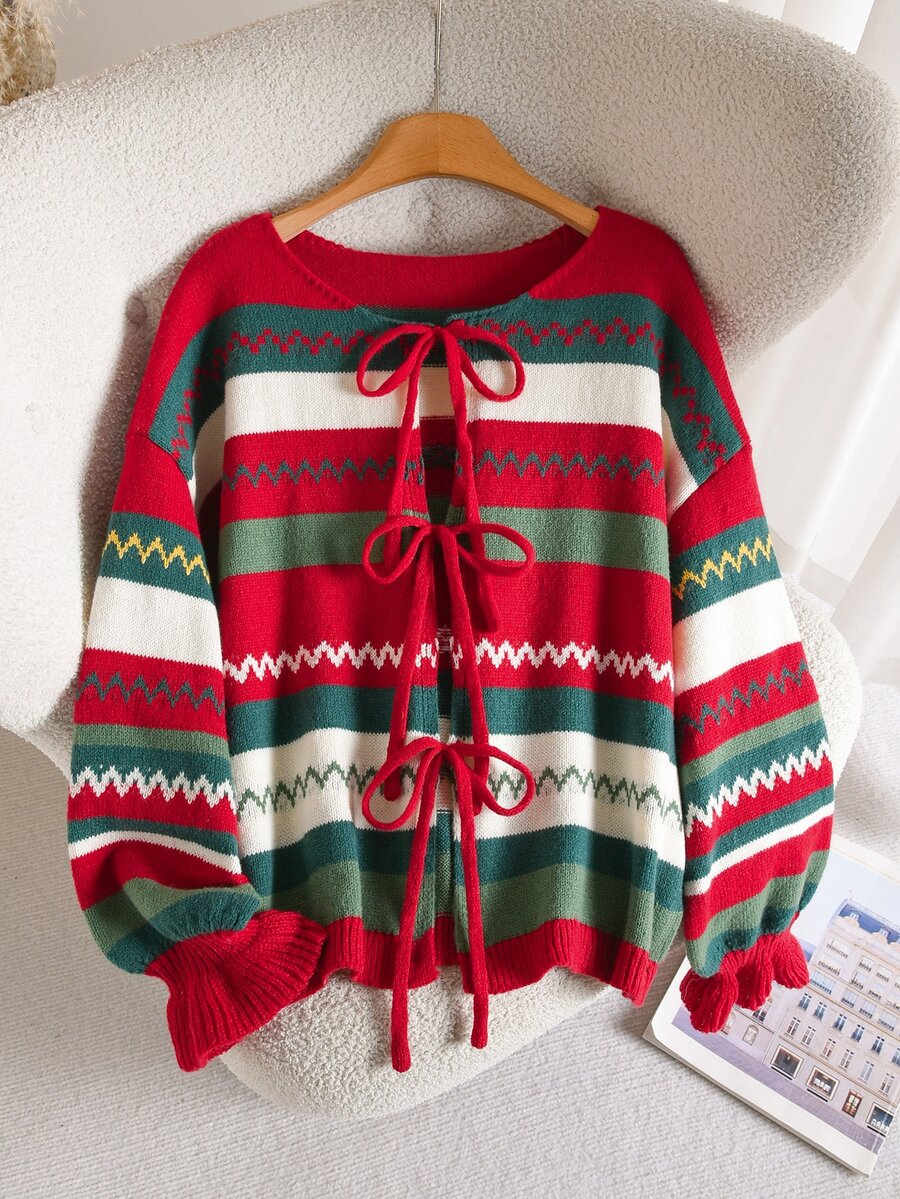 CosyJoli Áo cardigan size lớn họa tiết sọc tương phản, tay loe, vai trễ, thắt dây trước - Nhiều màu - Xem 1
