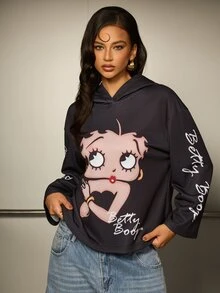 Betty Boop x SHEIN Women's Letter Cartoon Print Casual Daily Sweatshirt Sweatshirt - Black - View 5