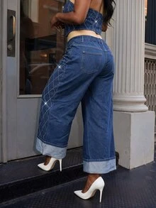 BriallanyX BriallanyX Plus Size Women's Pocket Rhinestone Plaid Straight Leg Denim Jeans - Blue - View 2