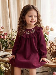 SHEIN Baby Girl Floral Embroidery Ruffle Trim Flounce Sleeve Corduroy Dress - Multicolor - View 2