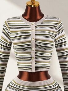 Mistrie Striped Knit Cardigan Skirt Set, Y2K Two Pieces Outfit, Cropped Cardigan & Mini Skirt, - Multicolor - View 7