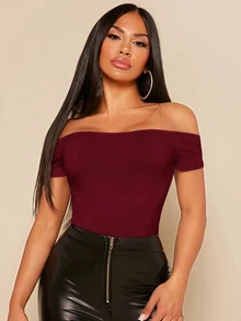 SHEIN SXY 女款露肩純色黑色連身衣套裝 - 酒紅色 - 查看 5