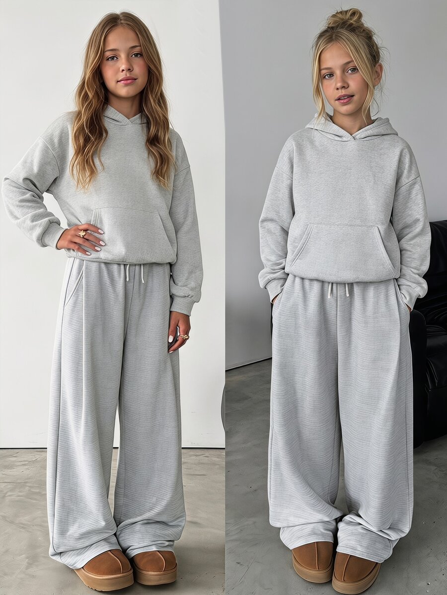 SHEIN Set Pakaian Anak Perempuan Remaja: 1 potong Sweatshirt Berkerudung dengan Kantong Kanguru dan 1 potong Celana Jogging Lebar - Grey - View 1