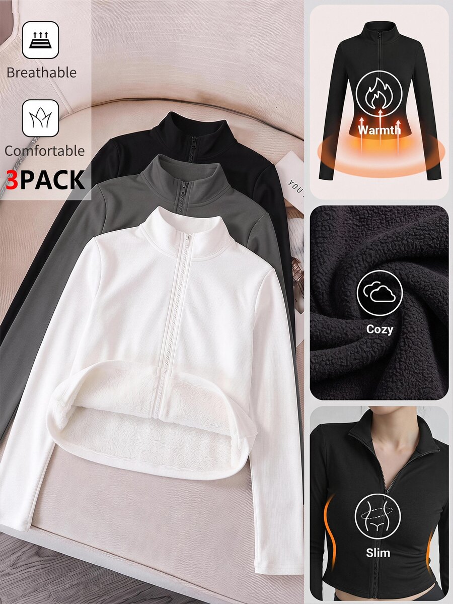 SHEIN EZwear 3件組女款純色拉鍊開襟保暖內裡T恤 - 彩色 - 查看 1