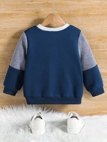 SHEIN 小男孩通用版寬鬆配色抓絨內裡加厚圓領套頭運動衫，休閒舒適校園風，適合秋冬、開學季、家庭聚會、生日派對、拍照、度假、假日、運動風格 - 彩色 - 查看 3