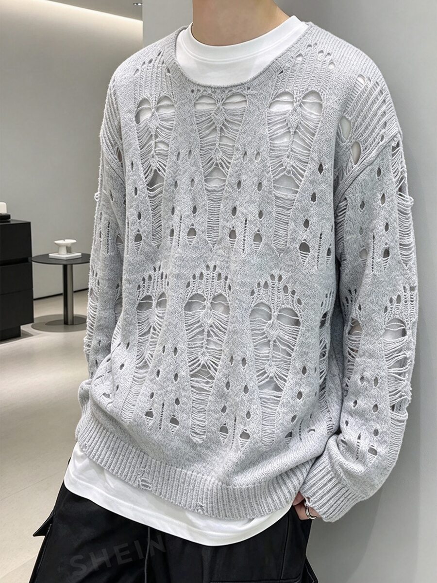 Claim Dot Men Solid Ripped Drop Shoulder Sweater, For Fall, Long Sleeve Top Goth,Y2k,Streetwear - Light Grey - View 1