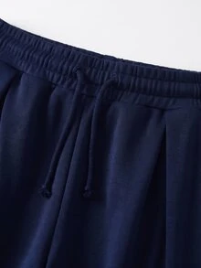 SHEIN 青少年女孩純色抽繩腰休閒百搭日常穿著長褲 - 藏蓝色 - 查看 5