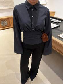 SHEIN SXY Women's Solid Color Pleated Casual Daily Long Sleeve Shirt - Black - View 4