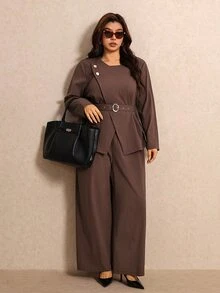 Elaquor Plus Size Women Solid Color Long Sleeve Top And Pants Casual Daily Suit Set - Rust Brown - View 6