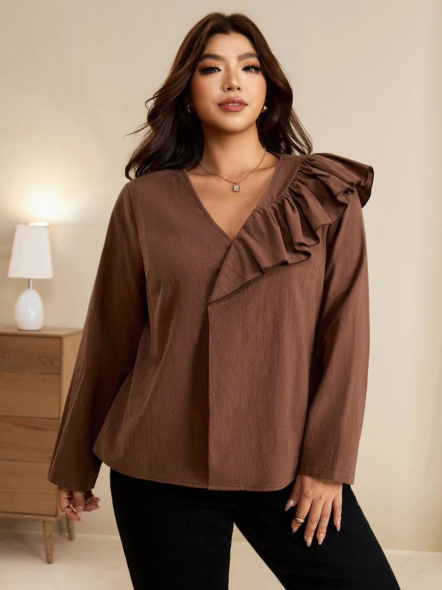 Edennvi Plus Size Solid V-Neck Ruffle Trim Blouse - Brown - View 1