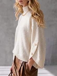 EMERY ROSE Women's Loose Half-High Neck Cape Sweater, Split Button Wide Sleeve, Soft Faux Alpaca Knit Pullover, Casual Autumn/Winter - Apricot - View 4
