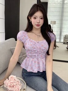 K-Vae 女款春夏休閒韓系碎花收腰泡泡袖通勤百搭設計柔軟短袖襯衫 - 紫丁香色 - 查看 7