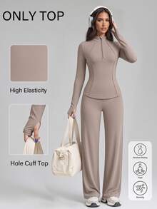 SHEIN With My Calm Solid Half Zip Thumb Holes Sports Tee - Apricot - View 1