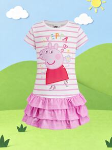 Peppa Pig X SHEIN Young Girl Striped Print Round Neck Short Sleeve Ruffle Hem Cute Dress Peppa Pig - Pink - View 7