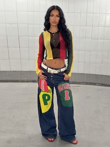 Jeanoix Colorblock Hollow Out Crop Sweater Without Bra - Multicolor - View 3