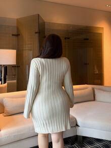 Vibekara Plus Size Solid V-Neck Cable Ribbed Knit Slim Fit Sweater Dress - Apricot - View 2