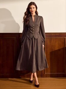 Vintamour Women's Striped Long Sleeve Top And Skirt Casual Suit Set - Coffee Brown - View 3