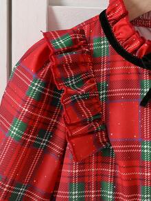SHEIN Vintaside Kids Young Girls Christmas Red Plaid Long Sleeve Dress, Ruffle Trim & Black Bow Detail, A-Line Holiday Party Dress - Red - View 6