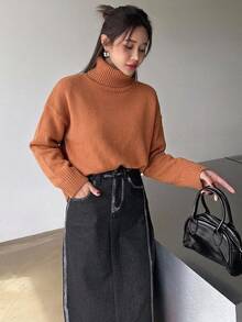 DAZY 女款秋冬百搭休閒純色高領毛衣 - 橘色 - 查看 4