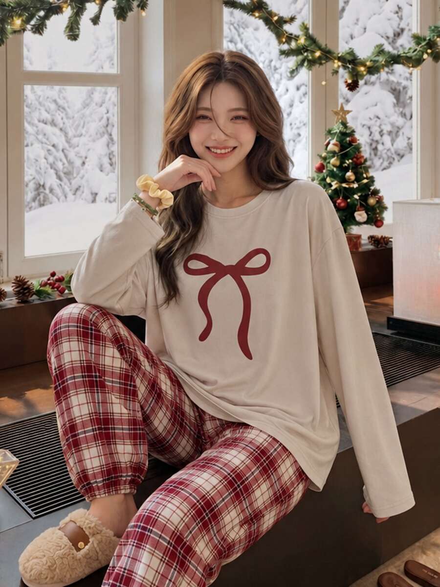 Livesso Bow Print Drop Shoulder Tee & Plaid Tapered Pants Pajama Set - Khaki - View 1