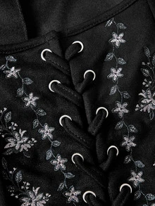 SHEIN MOD 刺繡花卉圖案前綁帶背心上衣 - 黑色 - 查看 3