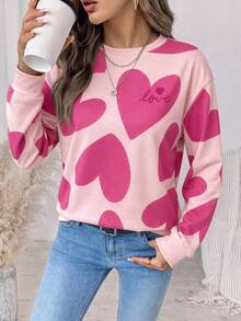 SHEIN LUNE 女款休閒圓領寬鬆衛衣，愛心印花，秋季服飾，適合日常通勤、聚會、夏季、聖誕節、新年、感恩節、派對、婚禮、海灘、出遊、約會、情人節，優雅，度假，Y2K - 白色 - 查看 6