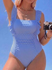 Swim Mod Plus Size One-Piece Blue And White Striped Print Fabric Large Scoop Neck Waist Pleated Shoulder Ruffle Decor Women's One-Piece Swimsuit Suitable For Beach Vacation Wear - Blue and White - View 3