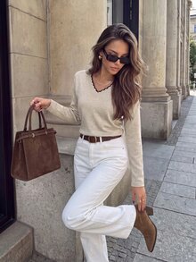 SHEIN LUNE Sweater Lengan Panjang Leher V Kasual untuk Wanita, Musim Gugur/Dingin - Aprikot - View 1