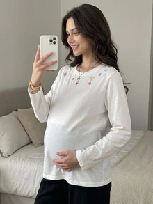 DAZY Embroidered Pattern Loose Long Sleeve Round Neck Casual Everyday Versatile Spring Autumn Maternity T-Shirt - White - View 1