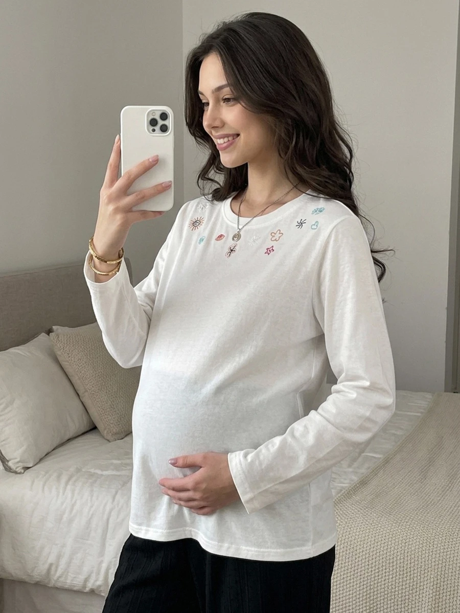 DAZY Embroidered Pattern Loose Long Sleeve Round Neck Casual Everyday Versatile Spring Autumn Maternity T-Shirt - White - View 1