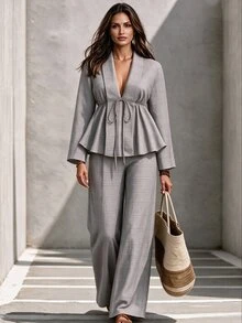GlowEve CURVE Plus Plaid Print Tie Front Babydoll Top & Wide Leg Pants Set - Multicolor - View 3