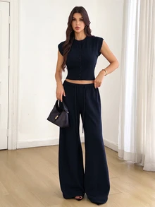 SHEIN Tall 素色短版針織背心寬腿針織長褲套裝，卡其色，適合早午餐、秋冬休閒，高個女性 - 藏蓝色 - 查看 8