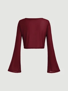 SHEIN MOD Floral Print Cami Dress & Flare Sleeve Open Front Crop Top Set - Burgundy - View 8