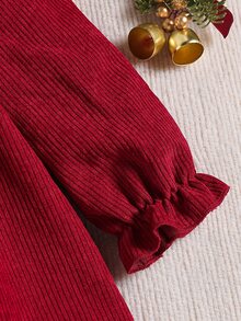 SHEIN Young Girl Corduroy Dress Sweet Deep Red Tree Bow Scalloped Ruffle Hem Long Sleeve Peter Pan Collar Light Winter Holiday Princess Festive - Red - View 8