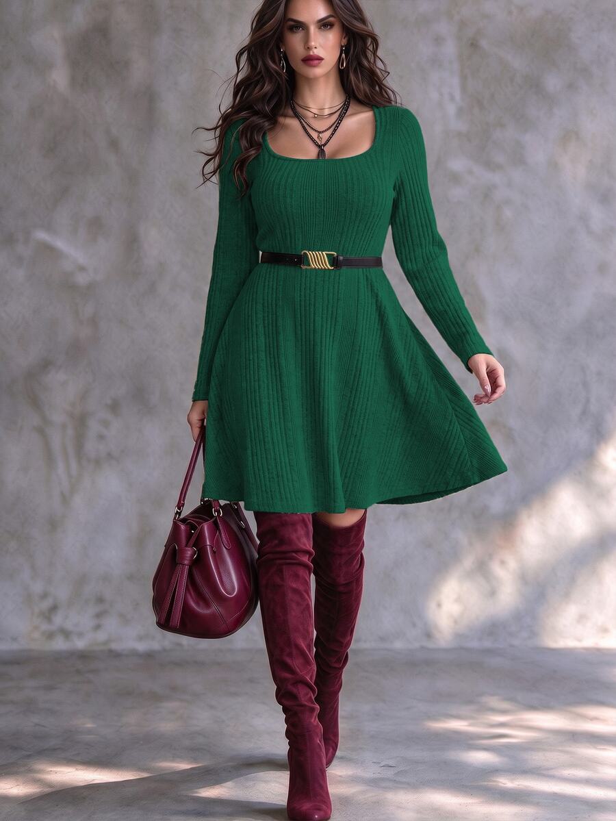 Vionelle Plus Ribbed Knit Scoop Neck Dress Without Belt Fall Cloth For Women - Dark Green - View 1