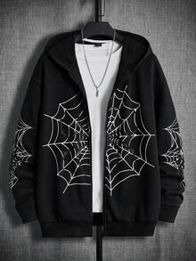 AKNOTIC Loose Men Spider Web Print Zip Up Hoodie Without Tee - Black - View 5