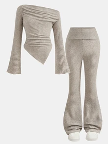 Firerie Kids Tween Girl 1pc Asymmetrical Kids Hem Tee & 1pc Flare Leg Pants - Khaki - View 13