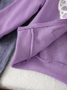 SHEIN 女童灰色與白色花卉蝴蝶結裝飾連帽衛衣外套，適合秋冬外出穿著 - 紫色 - 查看 8