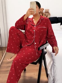 Napfluff CURVE Napfluff CURVE Plus Size Bow Striped Print Contrast Piping PJ Set - Red - View 1