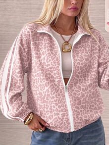 SHEIN EZwear 女款豹紋拼色休閒日常長袖夾克 - 淺粉色 - 查看 1