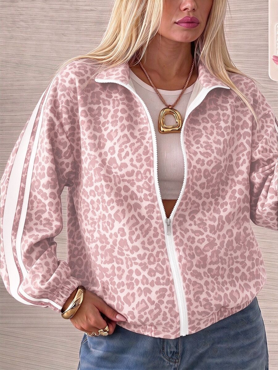 SHEIN EZwear 女款豹紋拼色休閒日常長袖夾克 - 淺粉色 - 查看 1