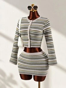 Mistrie Striped Knit Cardigan Skirt Set, Y2K Two Pieces Outfit, Cropped Cardigan & Mini Skirt, - Multicolor - View 1
