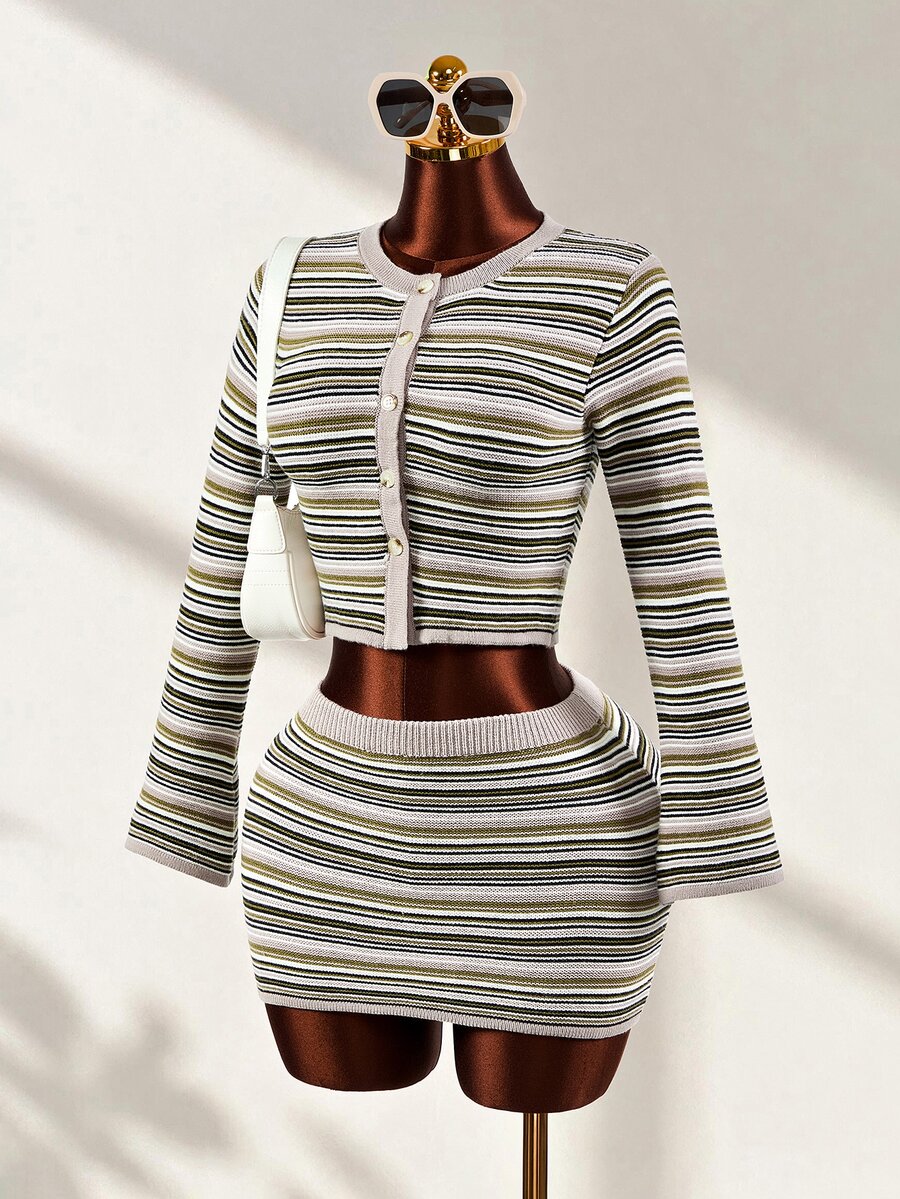 Mistrie Striped Knit Cardigan Skirt Set, Y2K Two Pieces Outfit, Cropped Cardigan & Mini Skirt, - Multicolor - View 1