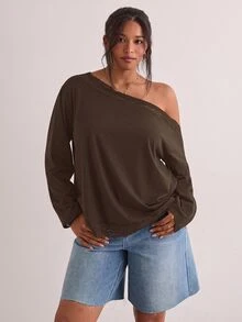 Freevana Women Casual Black Lace Trim Off The Shoulder Long Sleeve Slouchy Loose T-Shirt Blouse Tops Fall - Coffee Brown - View 6